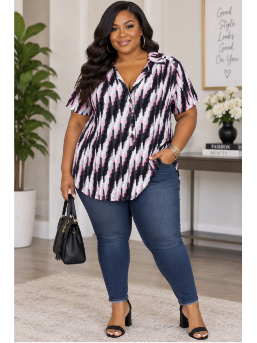 Alfani Black Pink Geometric Print Button Down Top Women's Plus Size 1X